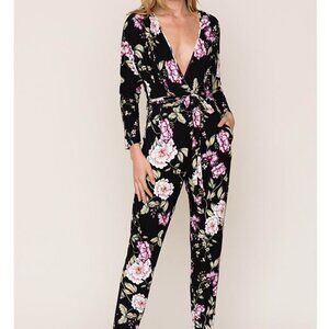 Yumi Kim Free Fall Jersey Black Floral Wrap Jumpsuit in Love Song Size Small